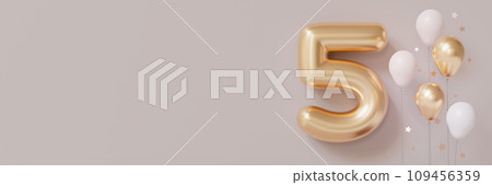 Golden number five and balloons on beige background. Symbol 5. Fifth birthday party, business anniversary, or event celebrating a fifth milestone. Pastel colors. Banner with copy space for text. 3D. 109456359