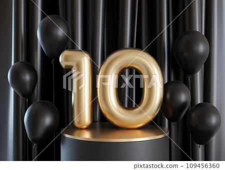Golden number ten and floating helium balloons on black background. Symbol 10. Tenth birthday party, business anniversary. Festive event. Elegant, luxury numbers. 3D render. 109456360