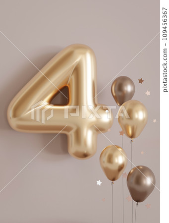Golden number four and balloons on beige background. Symbol 4. Invitation for a fourth birthday party, business anniversary, or any event celebrating a fourth milestone. Warm colors. Vertical 3D. 109456367