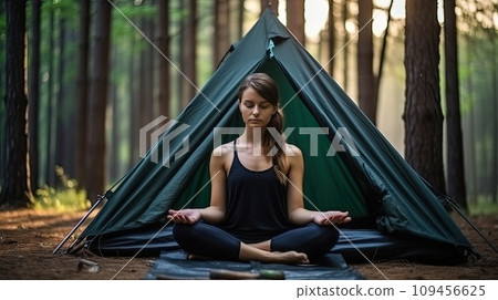 A light painting of a woman doing yoga next to her tent and