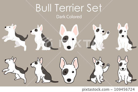 Illustration set of a bull terrier with a simple and cute black pattern, with and without main lines Illustration set of a bull terrier with a simple and cute black pattern, with and without main lines 109456724