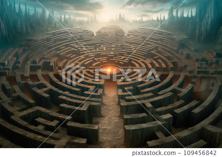 Ancient circular stone labyrinth in fantasy landscape with a radiant orb of light at its center 109456842