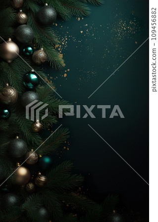 AI-generated content. Beautiful dark Christmas background with green and golden, shining decoration and empty space. Copy space for your text. Merry Xmas, Happy New Year. Festive backdrop. Generative 109456882