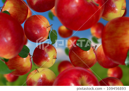 Fruits falling down on sky background 109456893