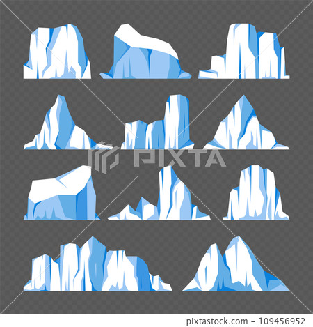 Floating icebergs collection. Drifting arctic glacier, block of frozen ocean water. Icy mountains with snow. Melting ice peak. Antarctic snowy landscape. South and North Pole. Vector illustration. 109456952