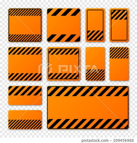 Various blank orange warning signs with diagonal lines. Attention, danger or caution sign, construction site signage. Realistic notice signboard, warning banner, road shield. Vector illustration 109456988