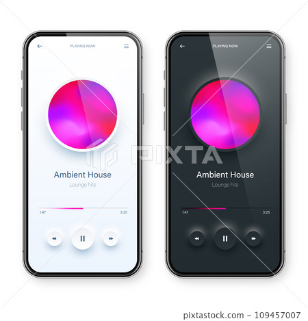 Online audio player user interface, smartphone app UI design. Music, media streaming and listening platform. Responsive mobile application. Neumorphism, neumorphic style. Vector illustration. 109457007