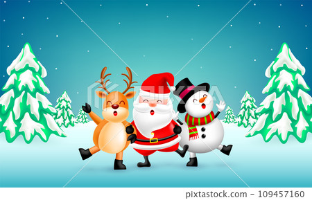 Cute Christmas cartoon character with winter landscape. Cute Christmas cartoon character with winter landscape. 109457160