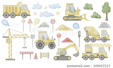 Construction clip art Set Watercolor illustration. Hand drawn baby boy toy car and road sign on isolated background. Tractor with lorry and crane drawing. Painting of transport for wall art stickers. 109457227