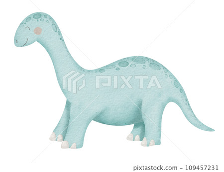 Dinosaur Diplodocus Watercolor illustration. Hand drawn clip art of Dino on isolated background. Drawing of baby cute smiling cartoon character. Sketch of blue prehistoric animal for kids prints. Dinosaur Diplodocus Watercolor illustration. Hand drawn clip art of Dino on isolated background. Drawing of baby cute smiling cartoon character. Sketch of blue prehistoric animal for kids prints. 109457231