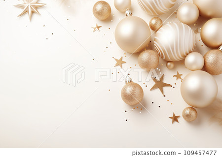 AI-generated content. Beautiful beige Christmas background with golden, shining decoration and empty space. Glitter, stars. Copy space for your text. Merry Xmas, Happy New Year. Festive backdrop 109457477