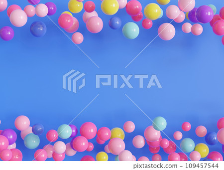 Vibrant, multicolored balls, balloons on blue background, ideal for festive or playful themes. Empty, copy space. Backdrop for party or celebration invitations, children's parties, play centers. 3D. 109457544