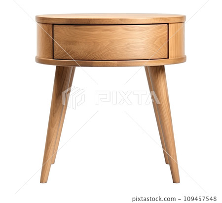 AI-generated content. Classic round side table with a single drawer, featuring a smooth walnut finish and splayed wooden legs, isolated on a white background. Coffee table, cut out. Front view 109457548