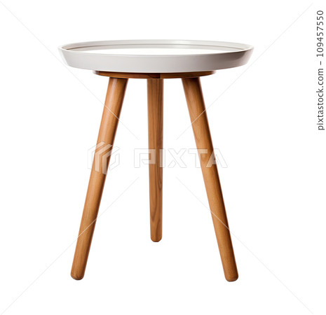 AI-generated content. Scandinavian-style round side table with white top and elegantly tapered legs, isolated on a white background. Coffee table, cut out. Front view. Generative AI. AI-generated content. Scandinavian-style round side table with white top and elegantly tapered legs, isolated on a white background. Coffee table, cut out. Front view. Generative AI. 109457550