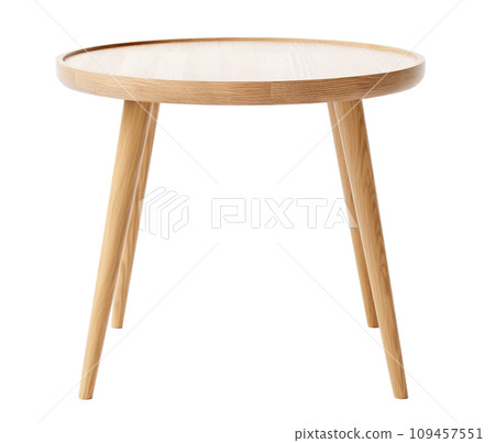 AI-generated content. Scandinavian-style round wooden side table with elegantly tapered legs, presenting a smooth, natural finish, isolated on a white background. Coffee table, cut out. Front view AI-generated content. Scandinavian-style round wooden side table with elegantly tapered legs, presenting a smooth, natural finish, isolated on a white background. Coffee table, cut out. Front view 109457551