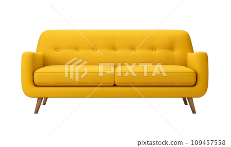 AI-generated content. Vivid yellow sofa with a minimalist design, featuring button-tufted backrest and angled wooden legs, front view isolated on a white background. Cut out furniture. Front view AI-generated content. Vivid yellow sofa with a minimalist design, featuring button-tufted backrest and angled wooden legs, front view isolated on a white background. Cut out furniture. Front view 109457558