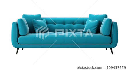 AI-generated content. Chic blue sofa with tufted backrest and plush cushions, stylishly perched on slender wooden legs, isolated on a white background. Cut out furniture. Front view. Generative AI. AI-generated content. Chic blue sofa with tufted backrest and plush cushions, stylishly perched on slender wooden legs, isolated on a white background. Cut out furniture. Front view. Generative AI. 109457559