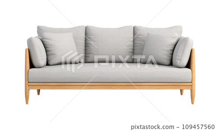 AI-generated content. Chic Scandinavian-style sofa in light gray with clean lines and cushions, set on natural wood legs. Couch isolated on white background. Cut out furniture. Front view. Generative AI-generated content. Chic Scandinavian-style sofa in light gray with clean lines and cushions, set on natural wood legs. Couch isolated on white background. Cut out furniture. Front view. Generative 109457560