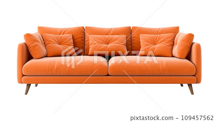 AI-generated content. Chic tangerine orange sofa with backrest and plush cushions, stylishly perched on slender wooden legs, isolated on a white background. Cut out furniture. Front view. Generative AI-generated content. Chic tangerine orange sofa with backrest and plush cushions, stylishly perched on slender wooden legs, isolated on a white background. Cut out furniture. Front view. Generative 109457562