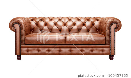 AI-generated content. Elegant, classic brown leather sofa, embodying sophistication and timeless design, isolated on white background. Cut out furniture. Front view. Generative AI. AI-generated content. Elegant, classic brown leather sofa, embodying sophistication and timeless design, isolated on white background. Cut out furniture. Front view. Generative AI. 109457565