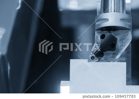Close up  the  chip insert on the lathe machine in the light blue scene. 109457783