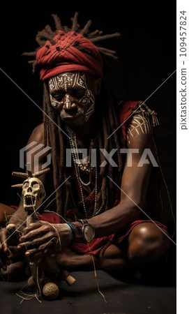 AI-generated content. African male Shaman at work with magic doll, vertical image. 109457824