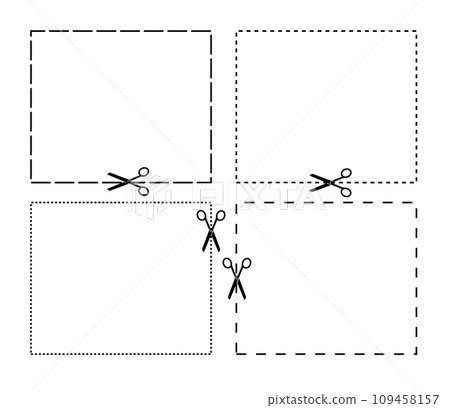 Cut here line icon pack symbol. Suitable for coupon, ticket, and cropping area marker. Scissor cutting line symbol. Vector Cut here line icon pack symbol. Suitable for coupon, ticket, and cropping area marker. Scissor cutting line symbol. Vector 109458157
