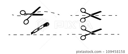 Cut here icon symbol. Cut lines with scissors. Scissors icons set. Scissors for cutting symbol. Vector Cut here icon symbol. Cut lines with scissors. Scissors icons set. Scissors for cutting symbol. Vector 109458158
