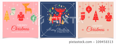 Merry Christmas cards set with scandi decoration Merry Christmas cards set with scandi decoration 109458313