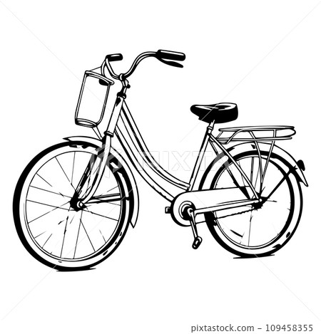 Vector hand drawn illustration of city bike in ink hand drawn style. Bike with a through frame, rack and front bottle. 109458355