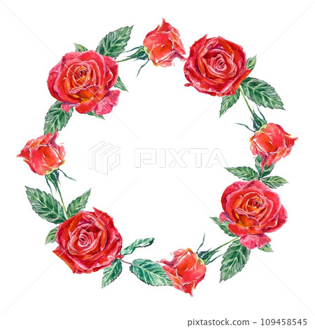 Round frame of red roses. Watercolor illustration isolated on white background. Valentines Day greeting cards, wedding invitations, banners, covers. 109458545