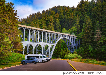 Arched bridge on the Oregon Coast Highway near Heceta Head Lighthouse, Oregon Arched bridge on the Oregon Coast Highway near Heceta Head Lighthouse, Oregon 109458550