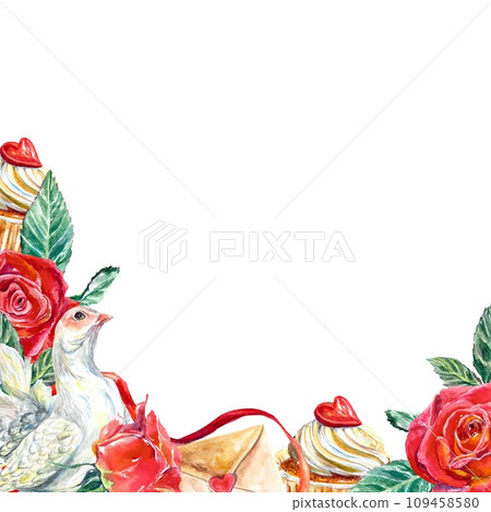 Corner frame with roses, dove, envelopes, cakes. Watercolor illustration isolated on white background. Valentines Day cards, wedding invitations. 109458580