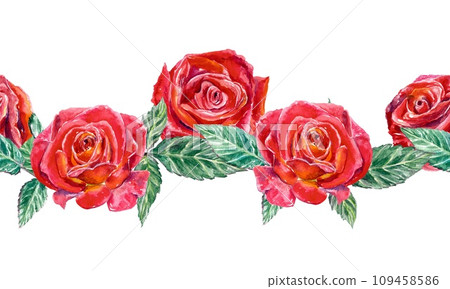 Seamless border with red roses. Watercolor illustration isolated on white background. Valentines Day greeting cards, wedding invitations, banners. Seamless border with red roses. Watercolor illustration isolated on white background. Valentines Day greeting cards, wedding invitations, banners. 109458586