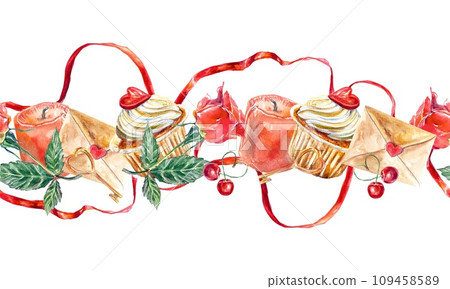 Seamless border with candles, roses, cakes, hearts. Watercolor illustration isolated on white background. Valentines Day cards, wedding invitations. Seamless border with candles, roses, cakes, hearts. Watercolor illustration isolated on white background. Valentines Day cards, wedding invitations. 109458589