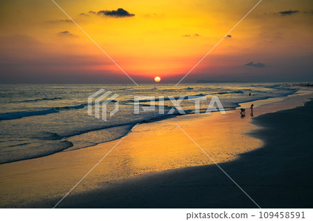 Sunset above Arabian Sea and a beach in Salalah, Oman 109458591