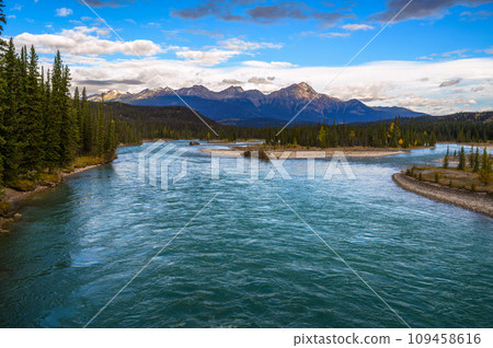 Athabasca River with Pyramid Mountain, Jasper National Park, Canada 109458616