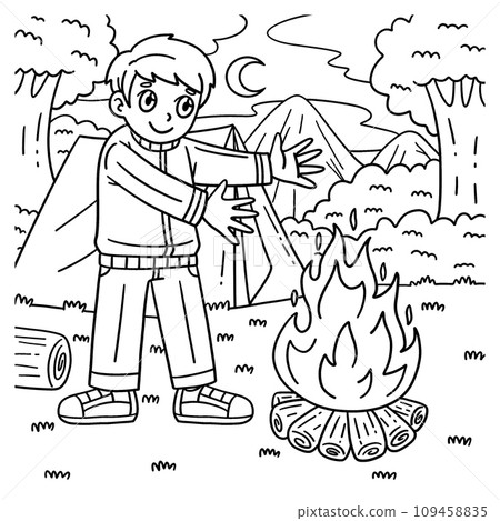 Camping Camper Warming Hands by the Fire Coloring 109458835