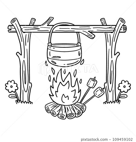 Camping Cooking Pot Over Bonfire Isolated Coloring 109459102