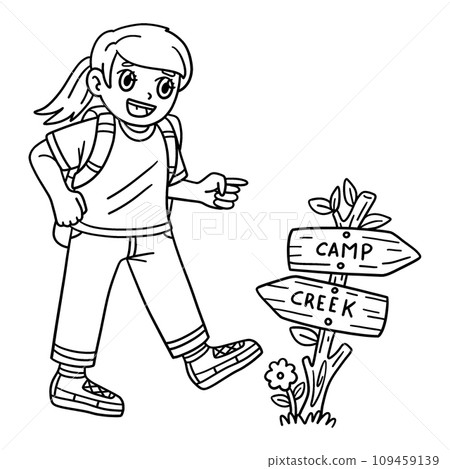 Camping Camper Girl Looking Directions Isolated Camping Camper Girl Looking Directions Isolated 109459139