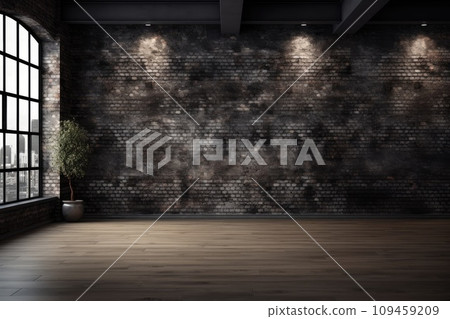 black brick wall texture and wood floor background, Generative AI 109459209