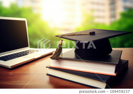 A stack of books with a graduation cap on top of it, generative ai 109459237