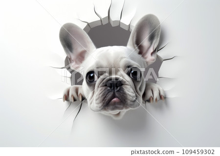 Cute Puppy peeking out of a hole in wall for mockup. Generative AI 109459302