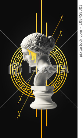 Poster. Contemporary art collage. side view black antique statue, face of which in golden paint against black background with ornaments. Poster. Contemporary art collage. side view black antique statue, face of which in golden paint against black background with ornaments. 109459303
