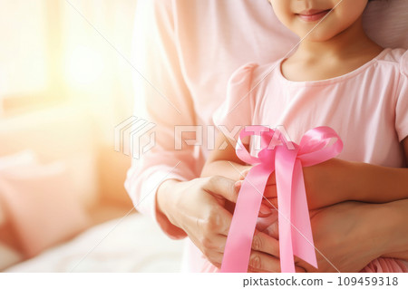 person hold a pink ribbon cancer. a pink cancer awareness. generative ai 109459318