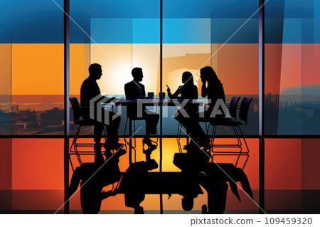 Silhouettes of people in a meeting room with a colorful window behind them Generative AI. 109459320