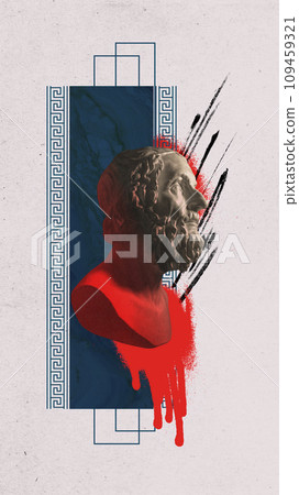 Poster. Contemporary art collage. Artwork of statue against background with ornaments and futuristic drawn elements. 109459321