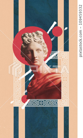 Poster. Contemporary art collage. Antique Greek sculpture in red neon light inside ornamented frame against striped background. Poster. Contemporary art collage. Antique Greek sculpture in red neon light inside ornamented frame against striped background. 109459332