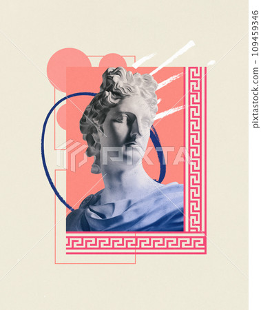 Poster. Contemporary art collage. antique statue in grainy fabric effect against pastel background with doodles and abstract elements. Poster. Contemporary art collage. antique statue in grainy fabric effect against pastel background with doodles and abstract elements. 109459346