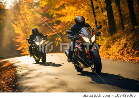 ride motorbike full of autumn flowers and leaves. Generative AI technology. 109459366